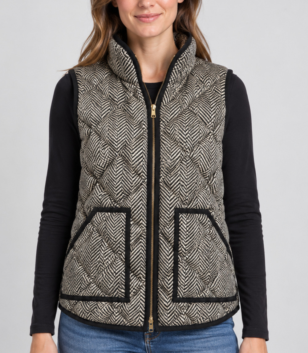 J.Crew Factory Womens S Black Ivory Herringbone Quilted Down Puffer Vest Warm